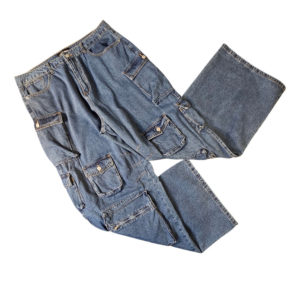 Fashion Nova Womens Blue Multi Pocket Cargo Wide Leg Jeans Size 18 DT14T